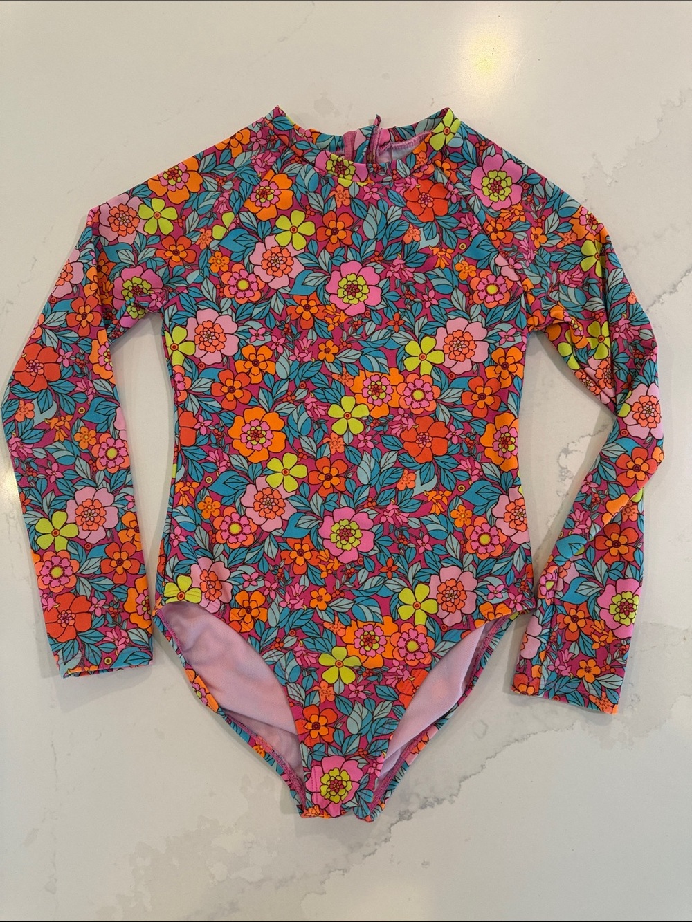 Cat & Jack Floral Long-Sleeve Rashguard Swimsuit - Pink Multi